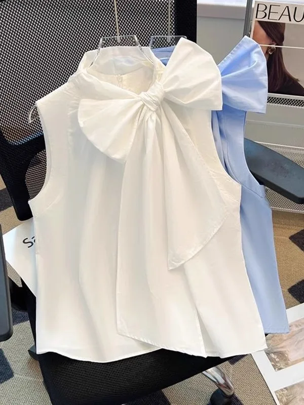 

Элегантная женская блузка без рукавов с узлом, модный дизайн Лето 2025, приталенный крой, из полиэстера, с круглым вырезом, стандартная длина