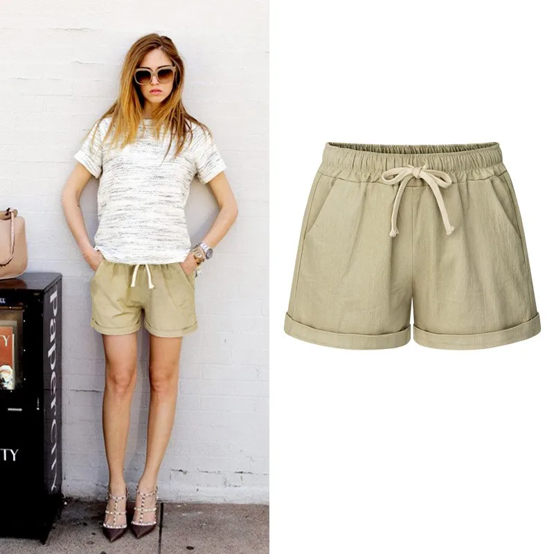 Women's Summer Shorts Cotton Harem Short Pants Light Blue Drawstring Waist Denim Shorts Loose Fit Rolled Cuff Casual Shorts