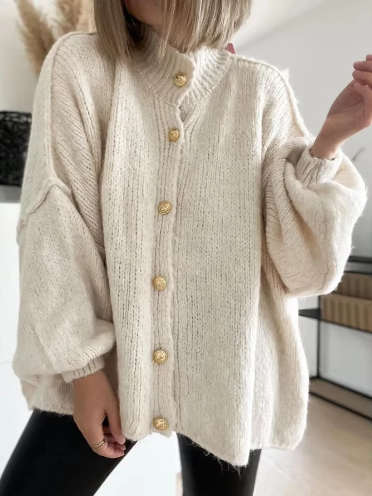 

Casual Solid Cardigan Women Sweater Office Long Lantern Sleeve Oversized O-neck Pullover Long Sleeve Top 2024 Autumn Jumpers