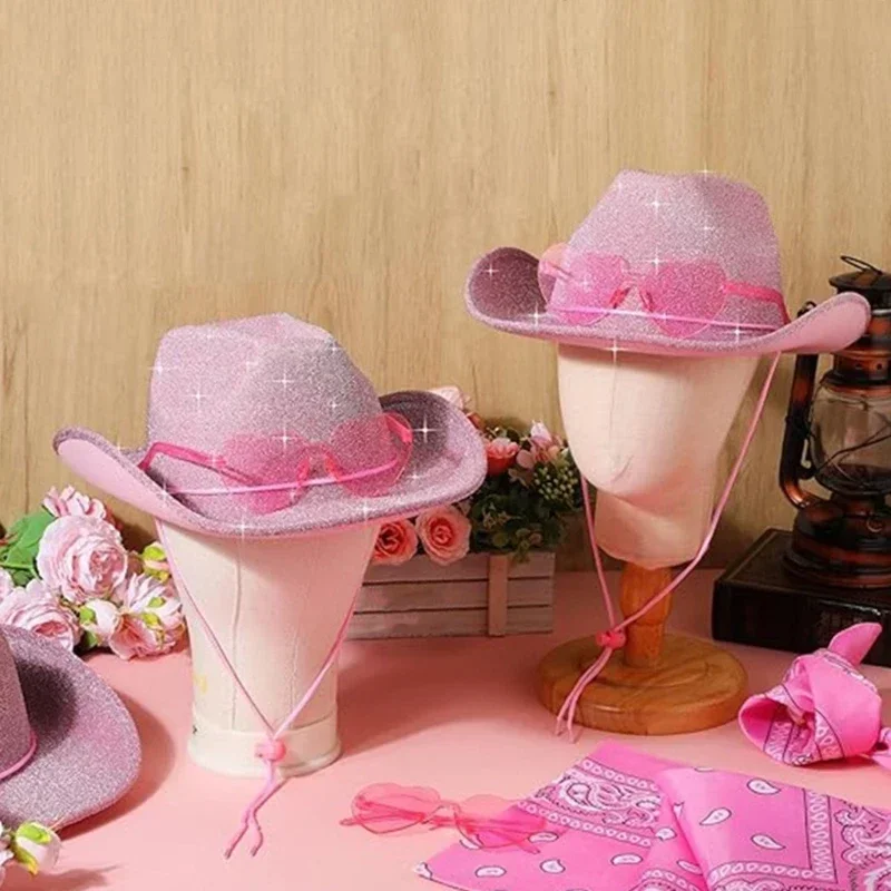 3pcs/Set Bachelorette Party Pink Sparkling Cowboy Hat Western Cowboy Hat Happy Hen Party Decor Girls Birthday Party Photo Props