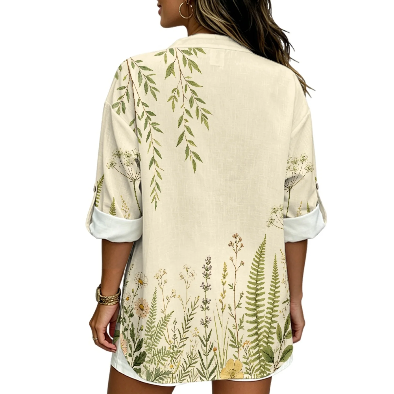 INSTANTARTS Women'S Linen V-Neck Shirt Breathable Long-Sleeved Top Blouse Roll-Up Cuff Lightweight Comfortable Soft Retro Flower view 4