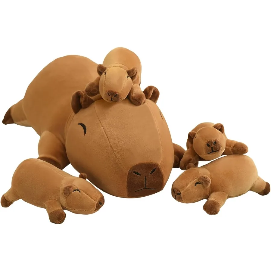 

Capybara Plush Stuffed Animal Pillow with 4 Baby Plushies in Tummy Soft Cotton Toy for Cute Animal Gift Brown and Cream Color