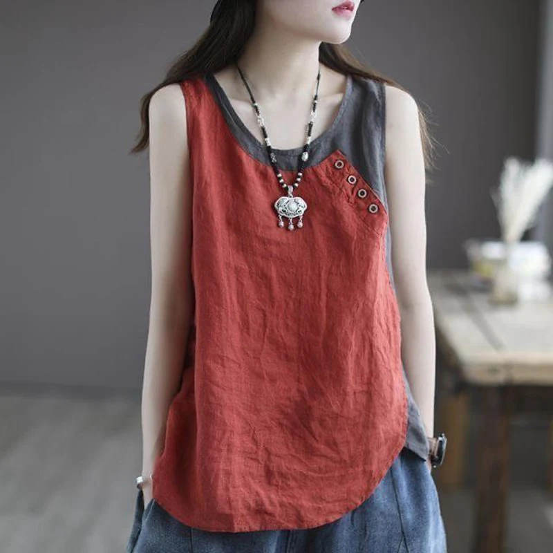 2024 Summer Women Vintage Contrast Color Patchwork Cotton Linen Tank Tops Y2K Casual O Neck Sleeveless Loose Vest Ropa De Mujer