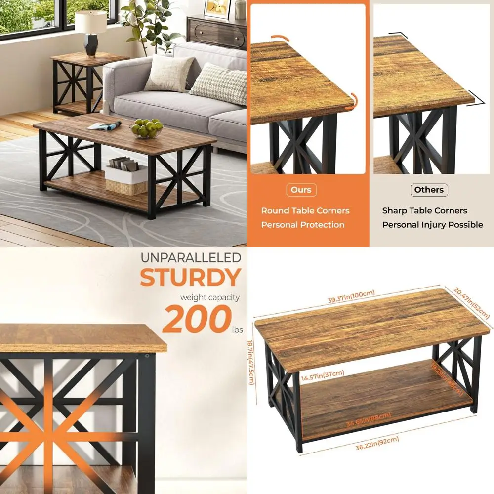 

Журнальный столик из орехового дерева в фермерском доме с круглой столешницей 39 и 2-уровневым ящиком для хранения вещей в гостиной с X-образной рамой