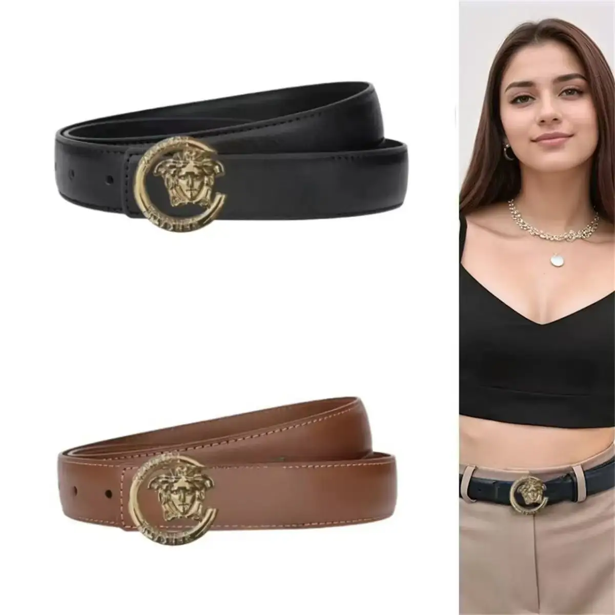 Vintage Gold Embossed Metal Buckle Thin Belt for Women - Elegant Slim Waist Strap in Classic Black/Pure White, Chic Dressy Acces