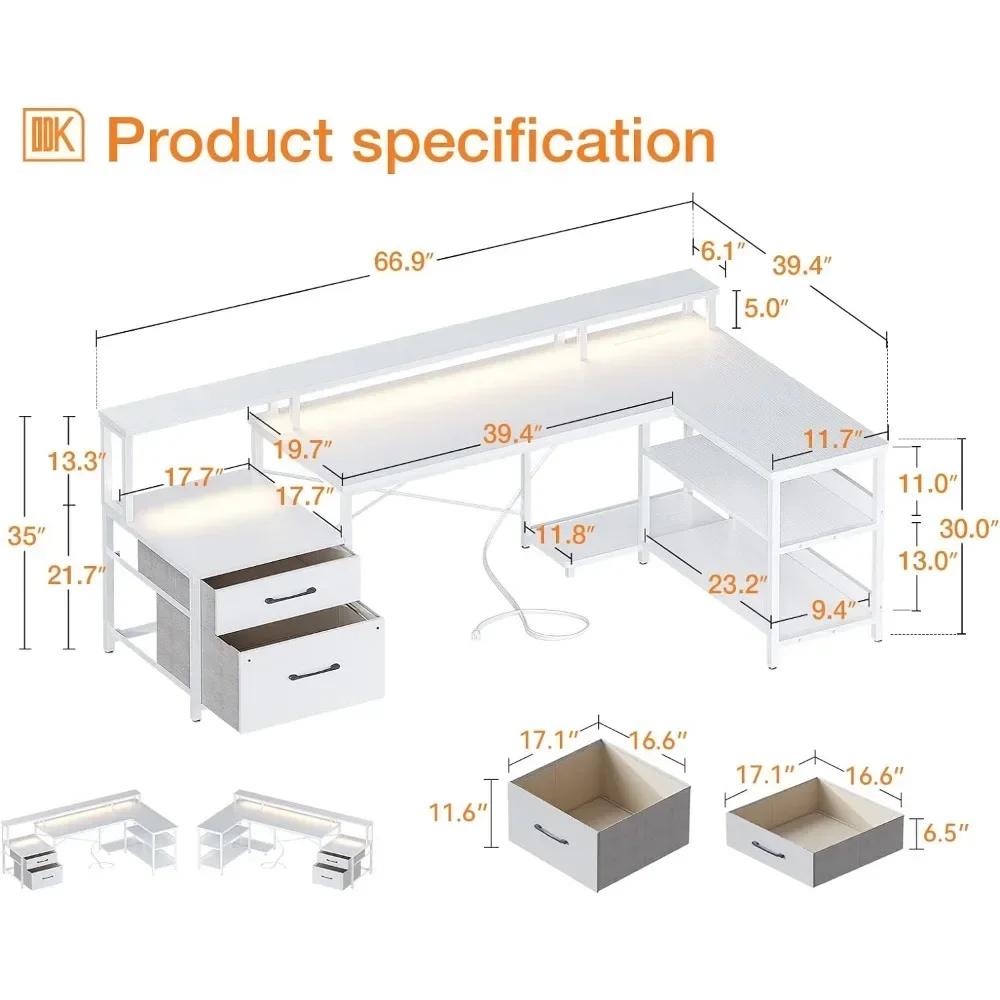 مكتب كمبيوتر على شكل حرف L مع شريط إضاءة ليد ، طاولة ألعاب مع حامل شاشة ، مقبس طاقة قابل للعكس ، 66 بوصة