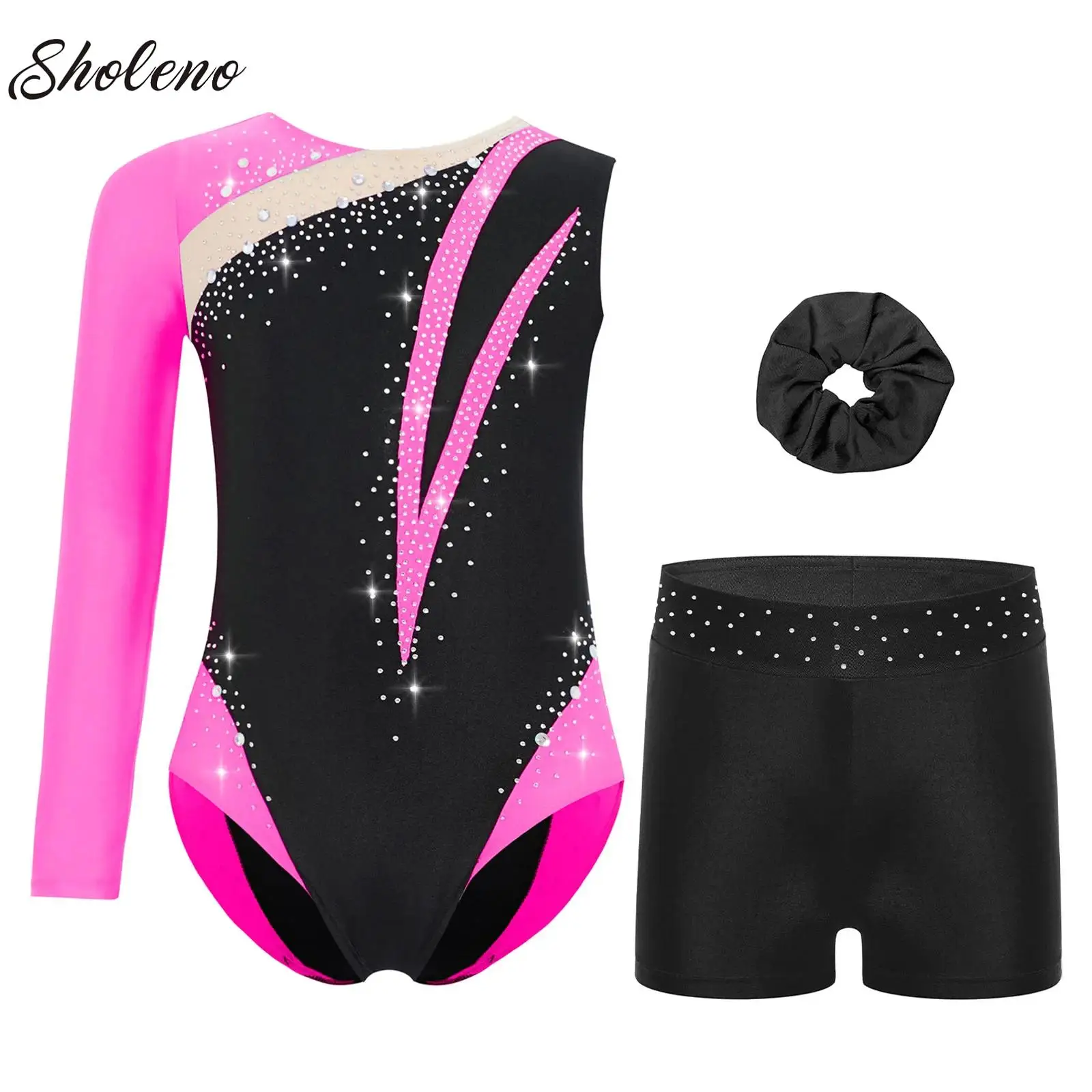 

Kids Girls Sports Dance Sets Figure Skating Outfit Rhinestones Asymmetrical Gymnastics Ballet Dance Leotard with Shorts+Headwear