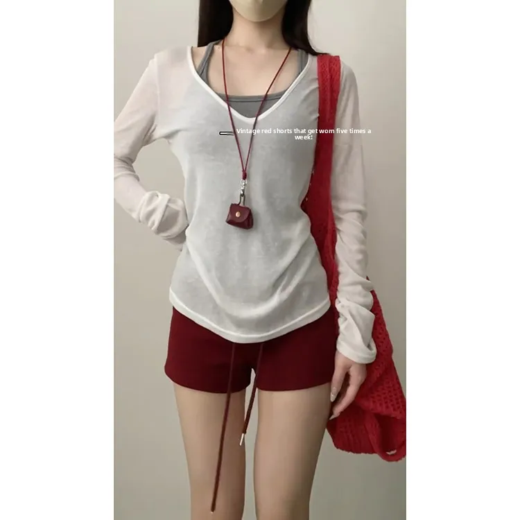 Pantalones deportivos Dstring para chica, color rojo, verano 2025, nueva cintura de hormiga, adelgazantes, informales, americanos, pierna recta de cintura alta