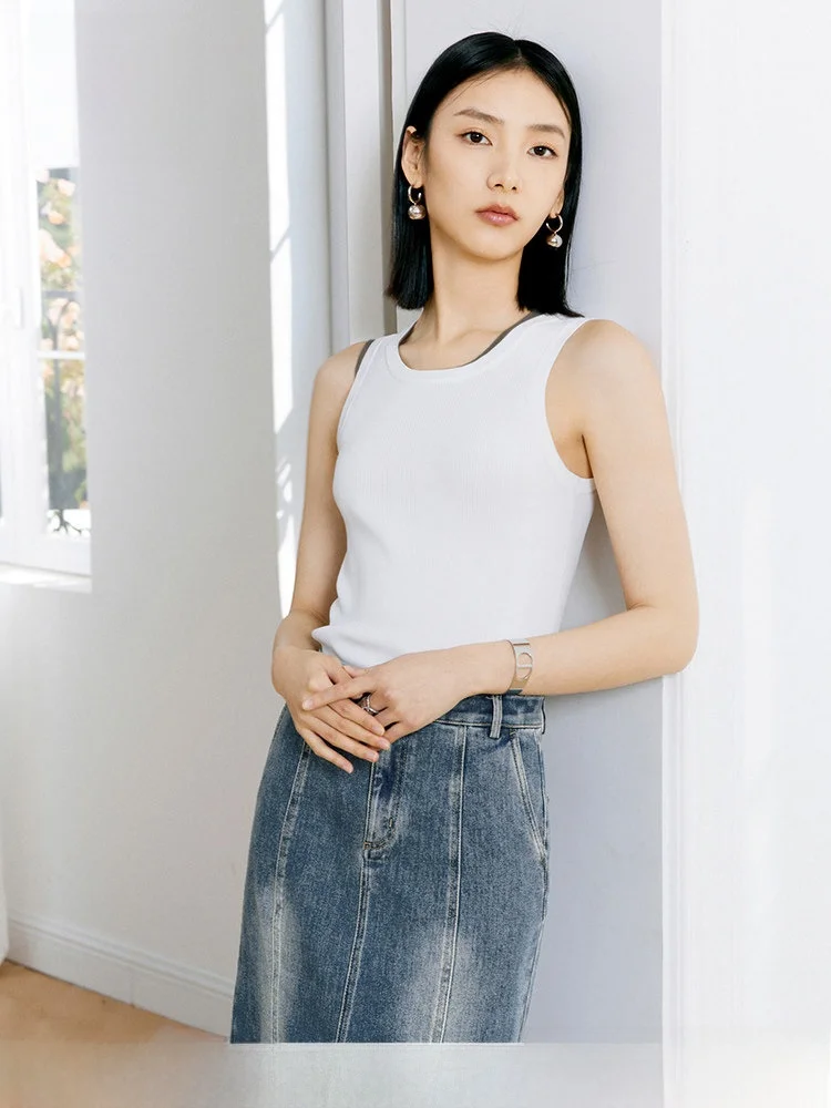 

Simple White Knitted Top Women's Summer New round Ne Svel Inner Match Versatile Base irt Commute Sle Straight Cut