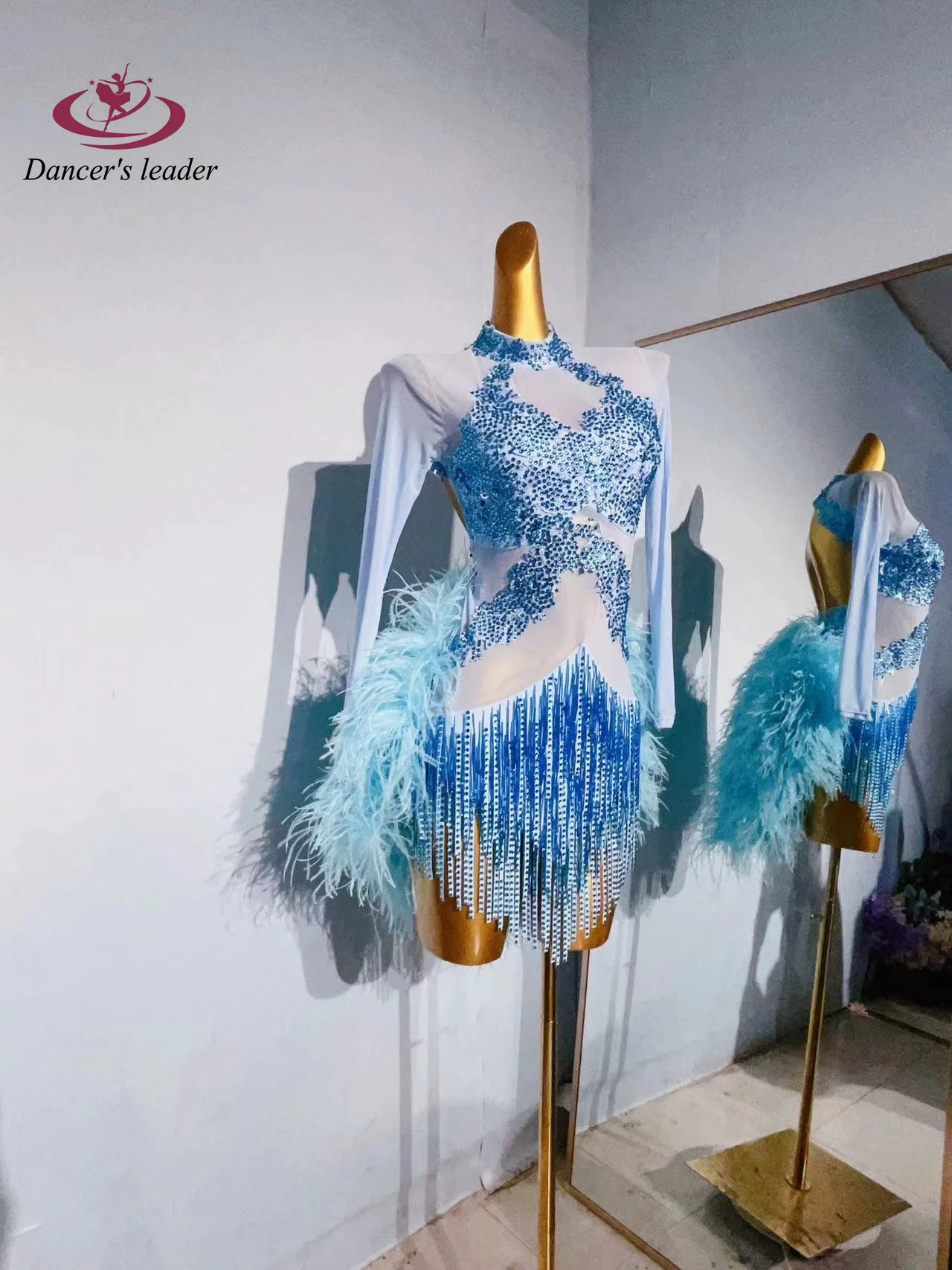 Latin Dance Women's High end Customized Mesh Fluffy Tail Flower Clothing Samba Art Performance Clothing High Flash Dress