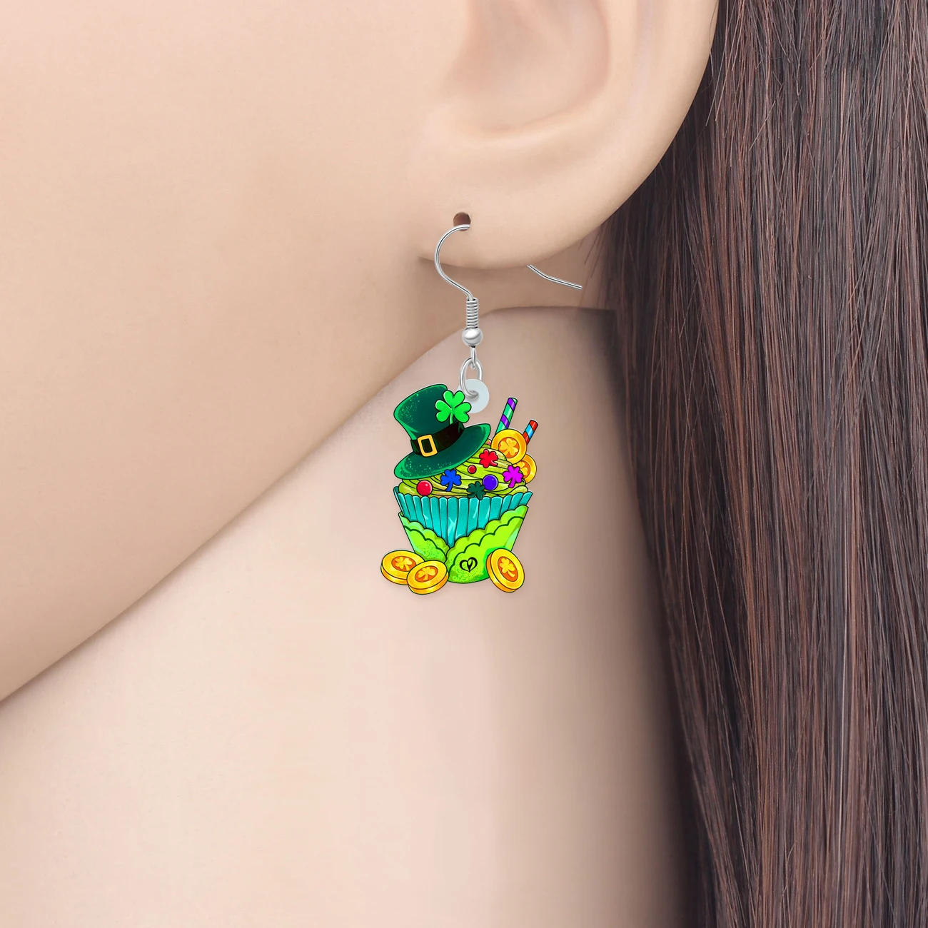 BONSNY Acrylic St Patricks Day Cupcake Earrings Irish Green Clover Hat Gold Coin Cake Dessert Jewelry Good Luck Gifts For Women