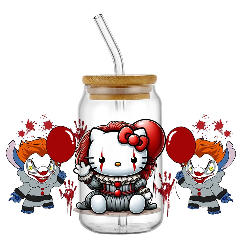 Miniso 3D Halloween Hello Kitty Killer UV DTF Sticker for Glass Cups Wrap Transfer Sticker DIY Logo Selfadhesive Waterproof