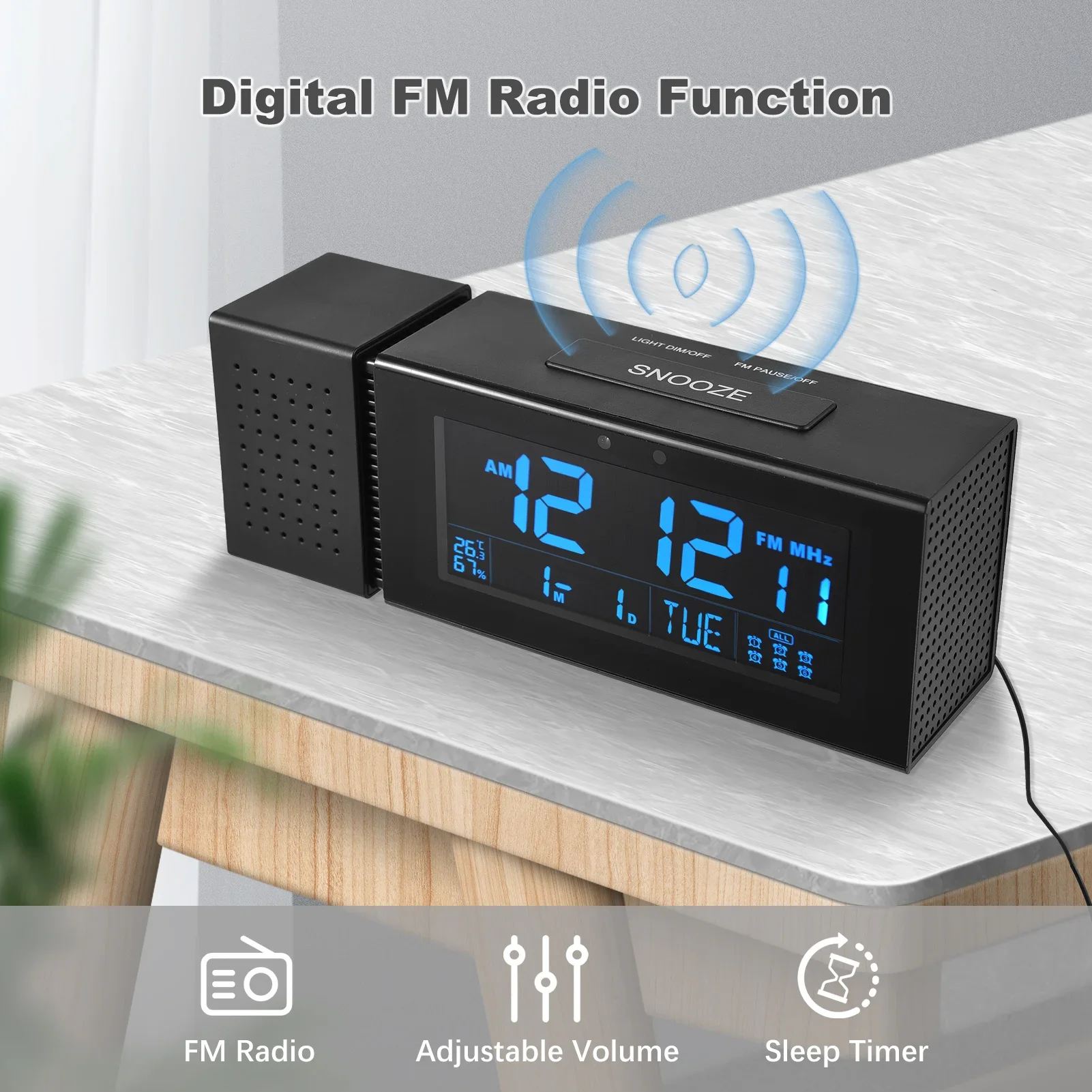 Alarm Clock Digital Electronic Clock LCD  7 Backlight Colors Humidity Temperature Display with Snooze Night Light FM Radio