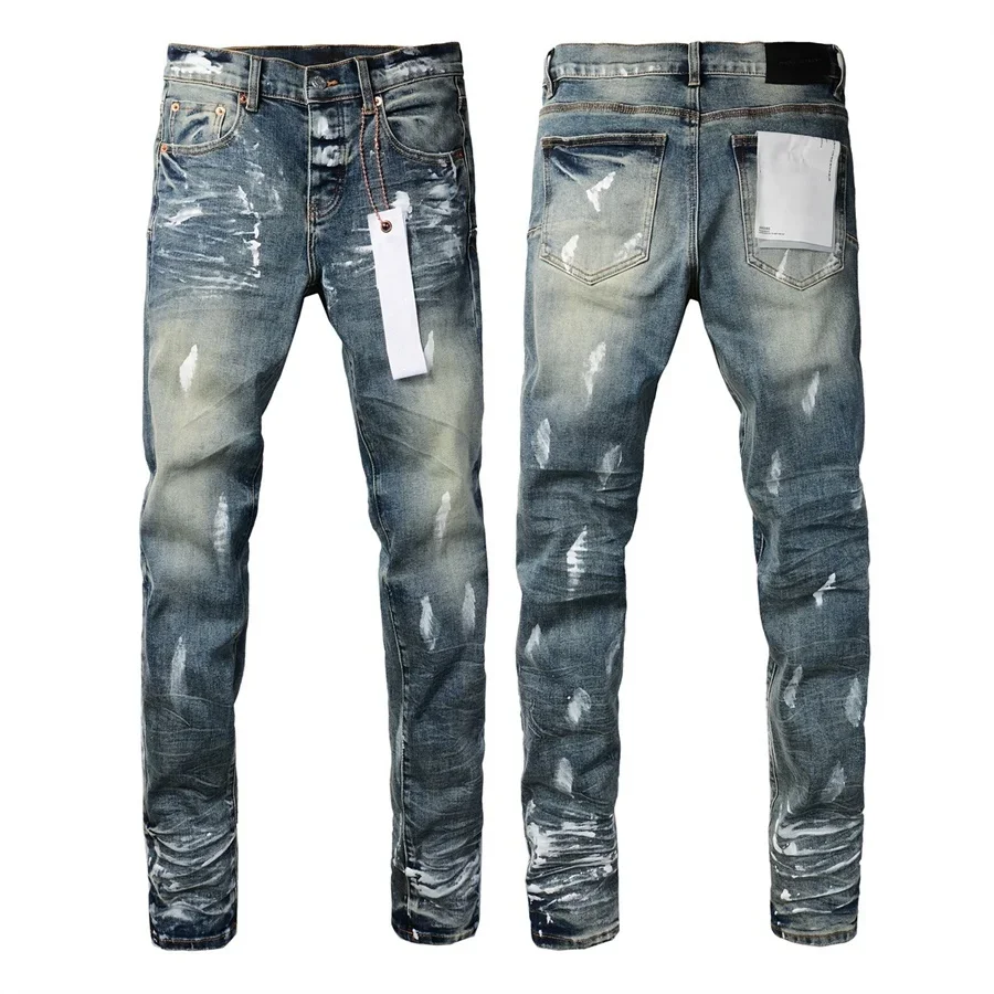 

2024 top quality Purples Men jeans brands high street blue ripped distressed fashion repair low rise skinny denim trousers pants