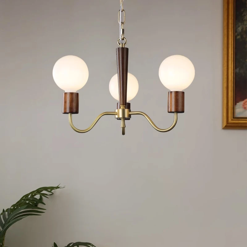 

Medieval Style Living Room Chandelier LED Walnut All-copper Retro Dining Room Lights American Bedroom Villa Study Hanging Lamps