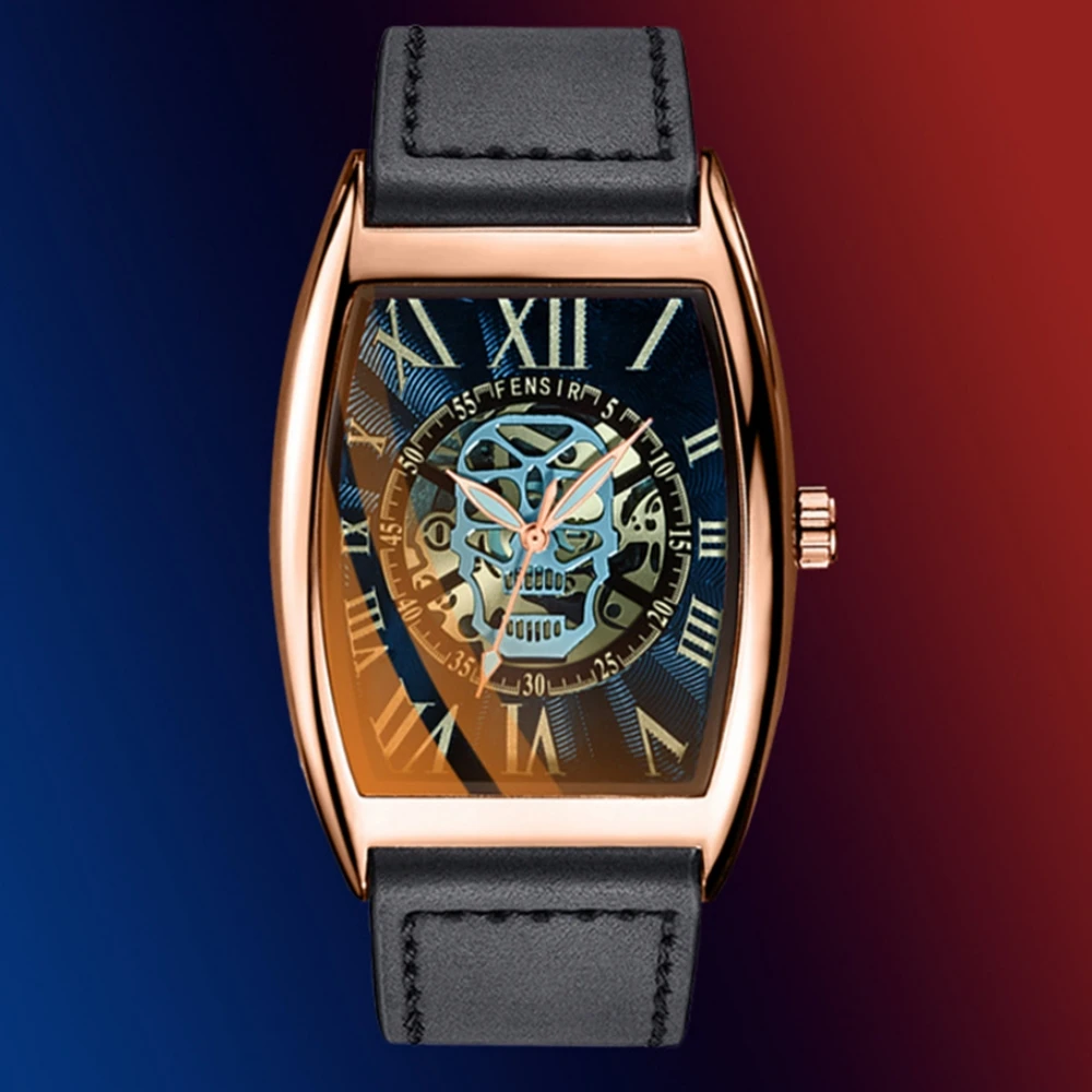 

Men's Luxury Crazy Wine Barrel Dial Design Watches Red Back Light Punk Skeleton Sports Leather Quartz Watch For Man WristWatch