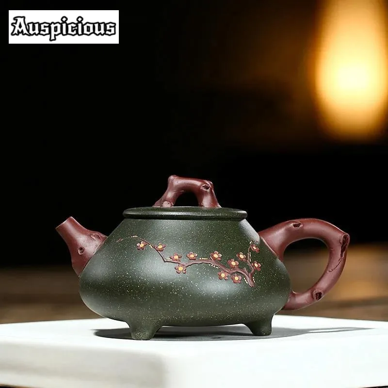 

400ml Creative Yixing Raw Ore Green Mud Three-legged Plum Blossom Pile Purple Clay Teapot Handmade Home Chinese Kung Fu Tea Set