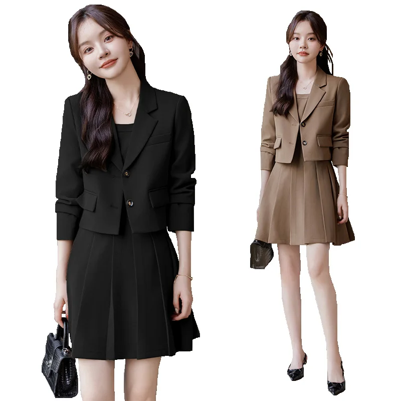2 Piece Fashion Women Pleated Dress Sets Spring Autumn New Long Sleeve Short Blazer Coat Korean Solid Slim Versatile Casual Suit