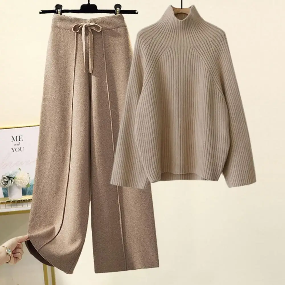 Autumn Winter Warm Knitted Suit Women Long Sleeve Half Turtleneck Knitting Sweater And Wide Leg Pants Sets Outer Wear Loose Set