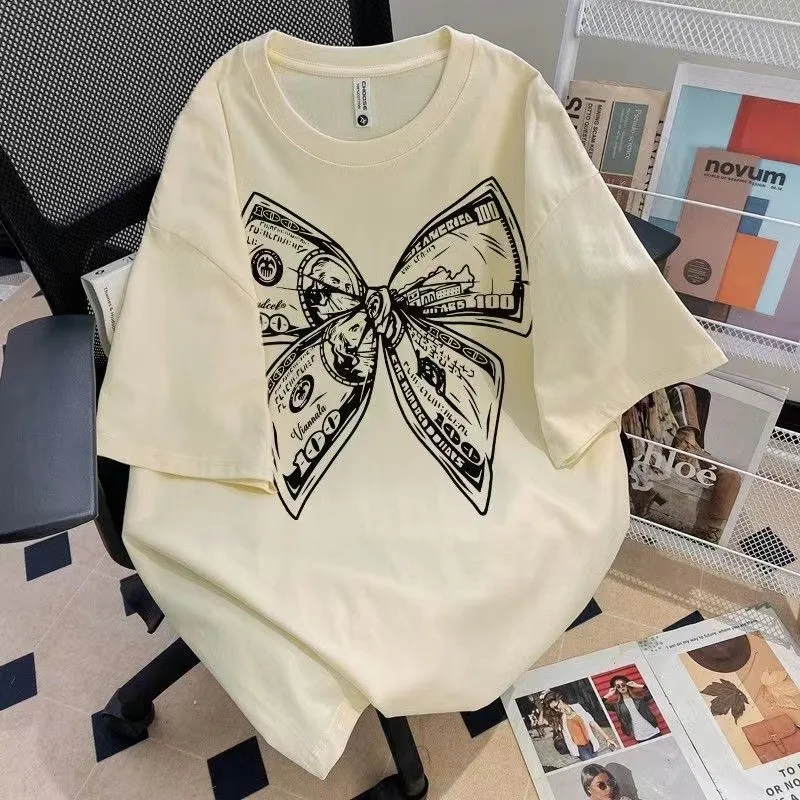 Camiseta de cuello redondo con estampado de lazo a la moda de verano, Top Universal de manga corta de talla grande para hombres y mujeres