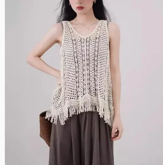

chic lady sleeveless crochet tops summer women tassles tank top