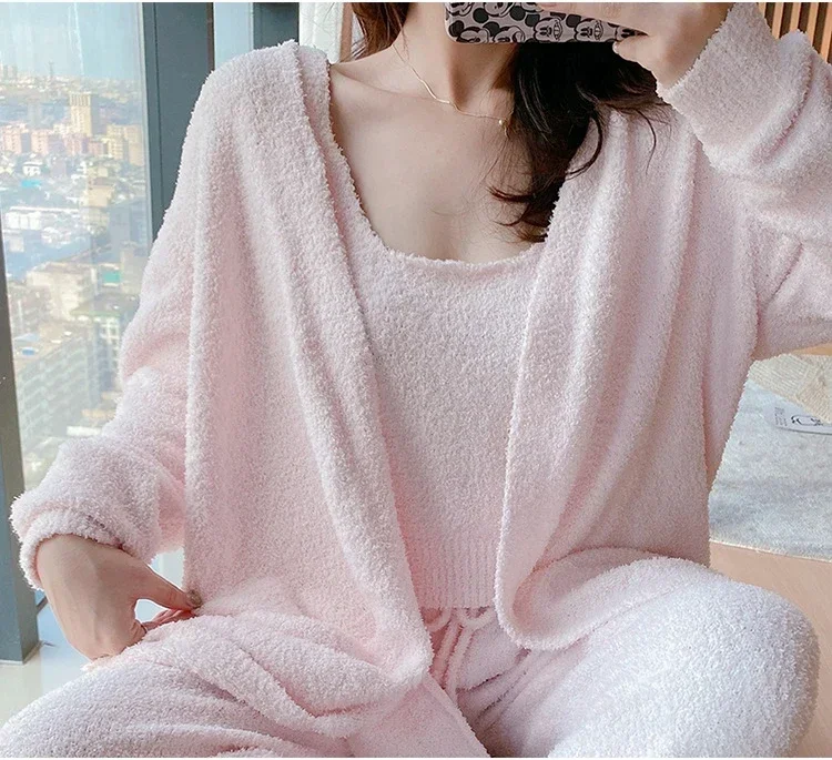 

Thick Women Pajamas Three-piece Set Home Clothes Soft Warm Autumn Winter SleepTrousers Suspenders Cardigans Wool Knitting Lounge