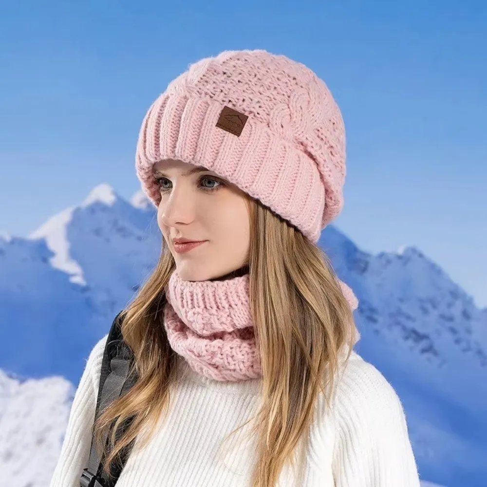 2Pcs/Set Casual Windproof Knitted Hat Scarf Set Cold-proof Keep Warm Beanies Cap Thickened Cycling Skiing Skullcap for Women