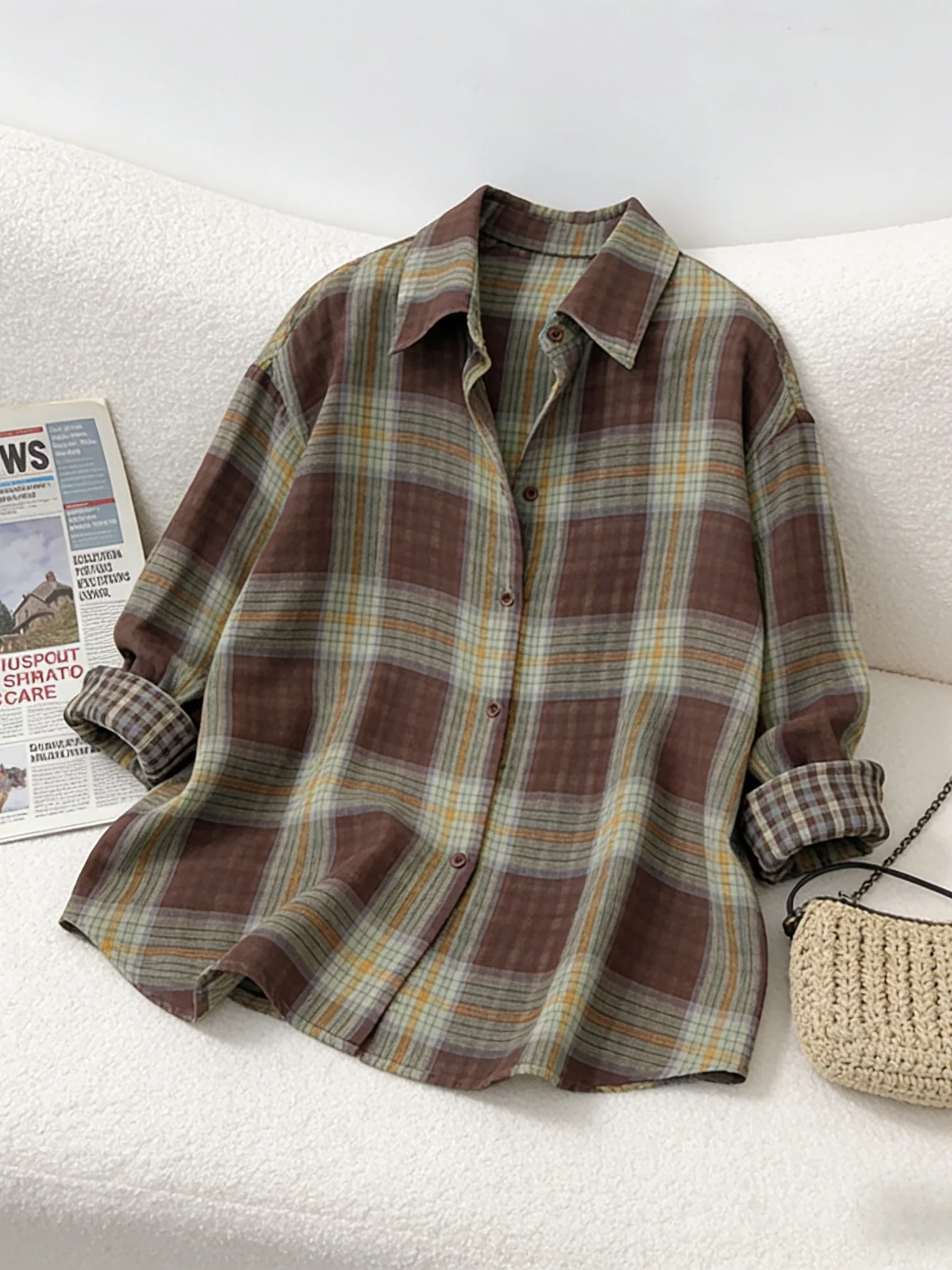 

Loose Comfortable Plaid Shirt Women's Spring New Style Vintage Design Long Sleeve Korean Version Breathable Skin-Friendly Top