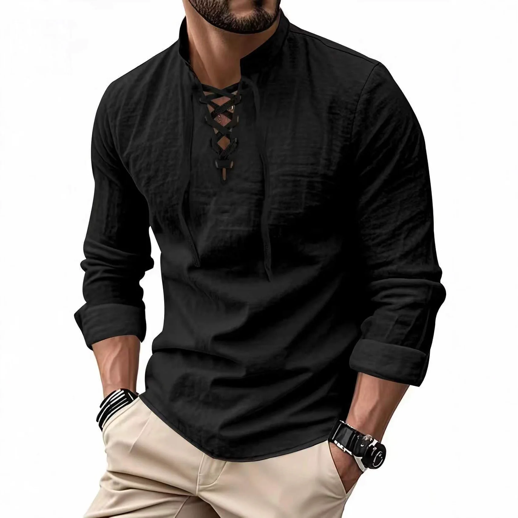 New Autumn Long Sleeve Cotton And Linen Open Chest Drawstring Shirt Men's Shirt POLO Shirt
