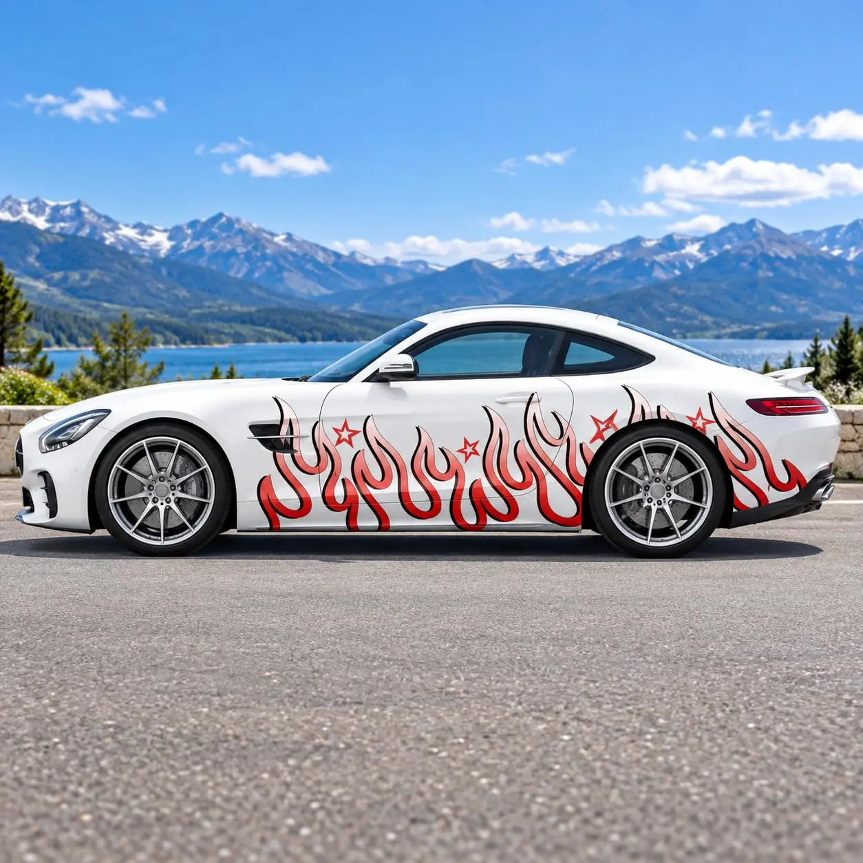 Red Flame with Stars Car Side Body Vinyl Wrap Decal Sticker