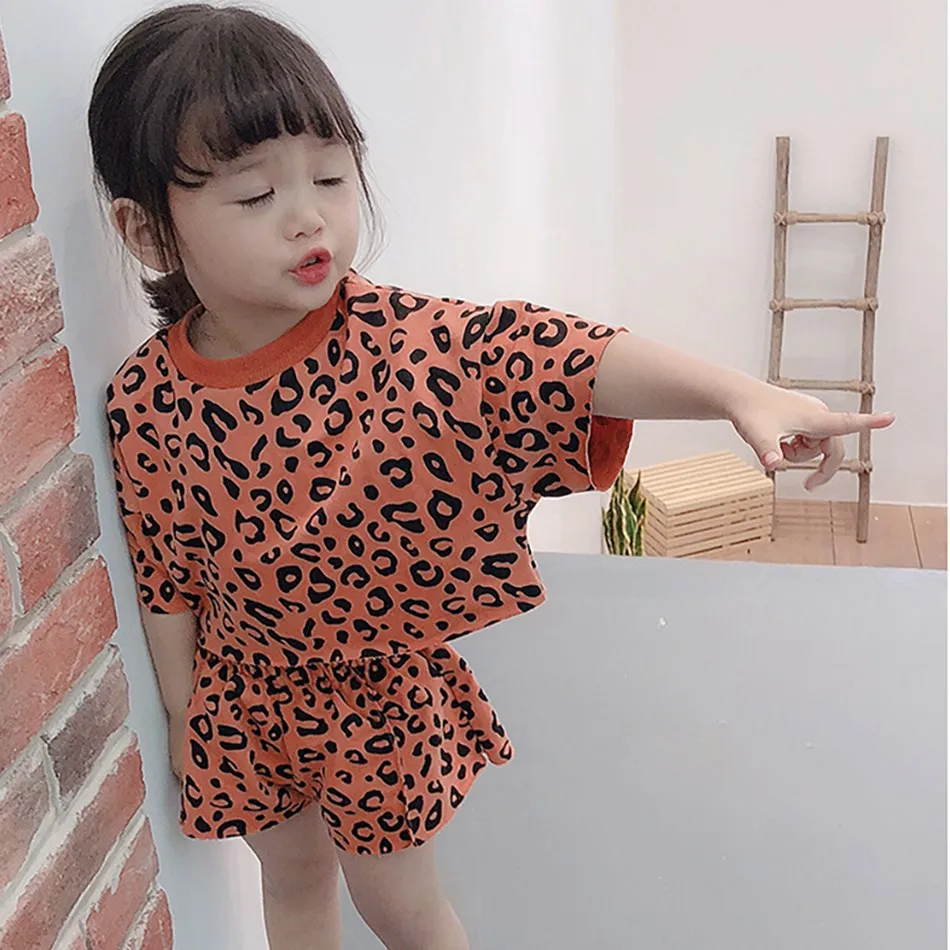 Baby Outfit Children Leopard 2 Pcs T Shirt and Shorts Kids 1-6 Years Girls Short Sleeve Fashion Suit Summer Korean Clothing Set