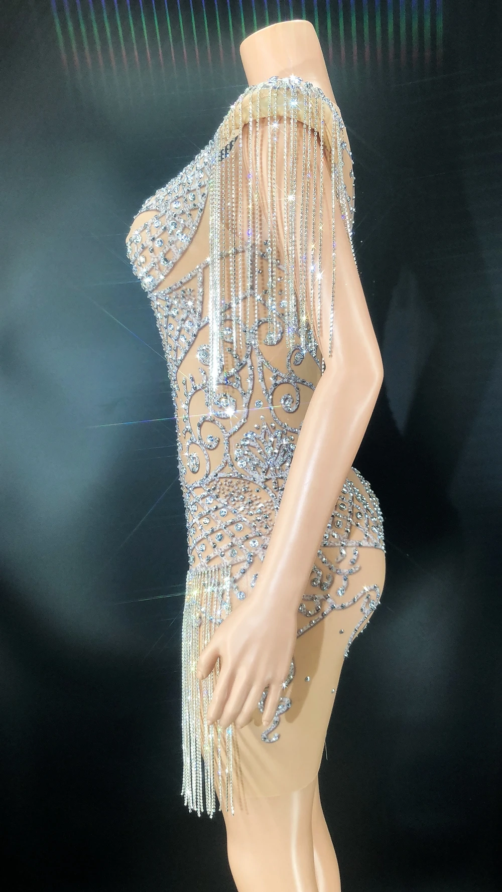 Sparkly Silber Strass Kette Ärmeln Mesh Transparent Bodycon Kurzen Kleid Sexy Geburtstag Feiern Kleid Abendkleid