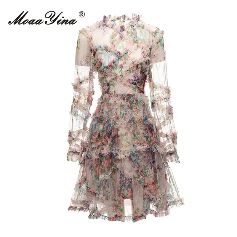 MoaaYina Summer Fashion Designer Elegant Party Dress Women's O-neck Long Sleeve Ruffles High Waist Floral Print Mesh Mini Dress