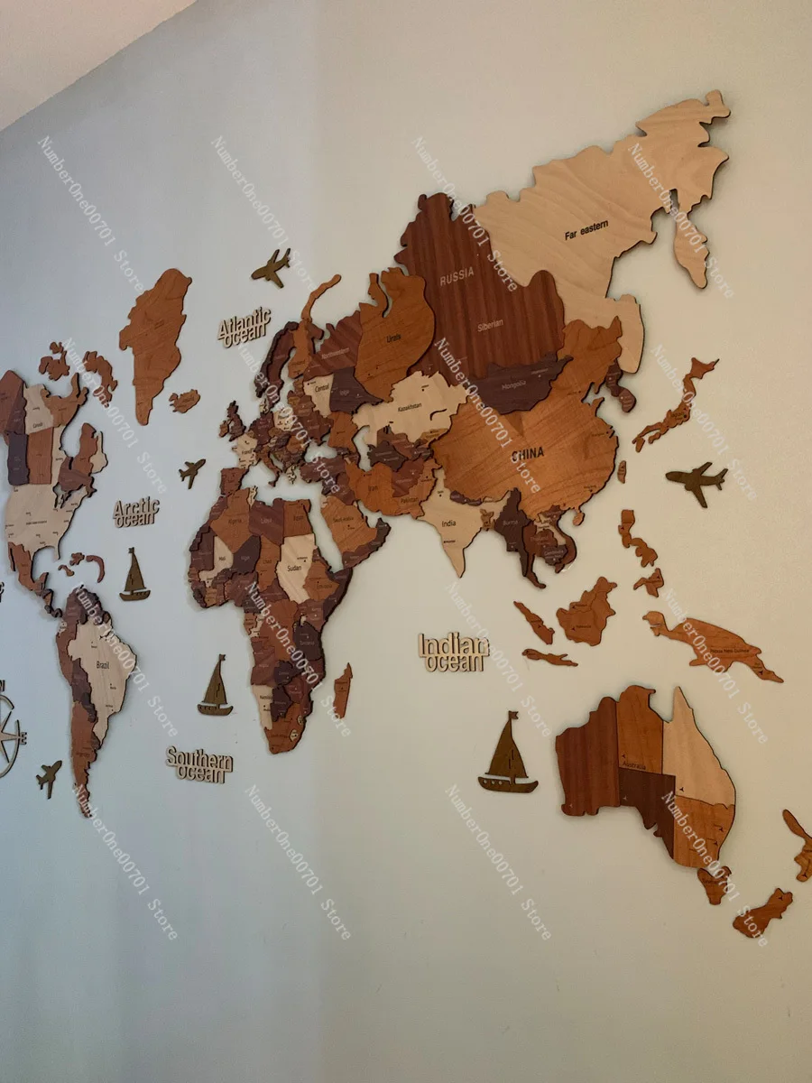 Solid wood world map travel Nordic living room background wall decoration large decorative paintings office school 3D stereo.