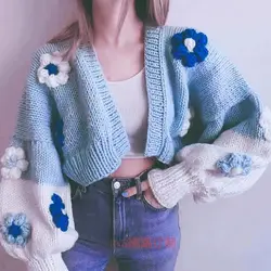 Light Blue Mohair Cardigan Sweater, Short Coat Tops, Big Flower Hook Flower, Bubble Sleeves, Knitwear, Spot, 2024 Autumn