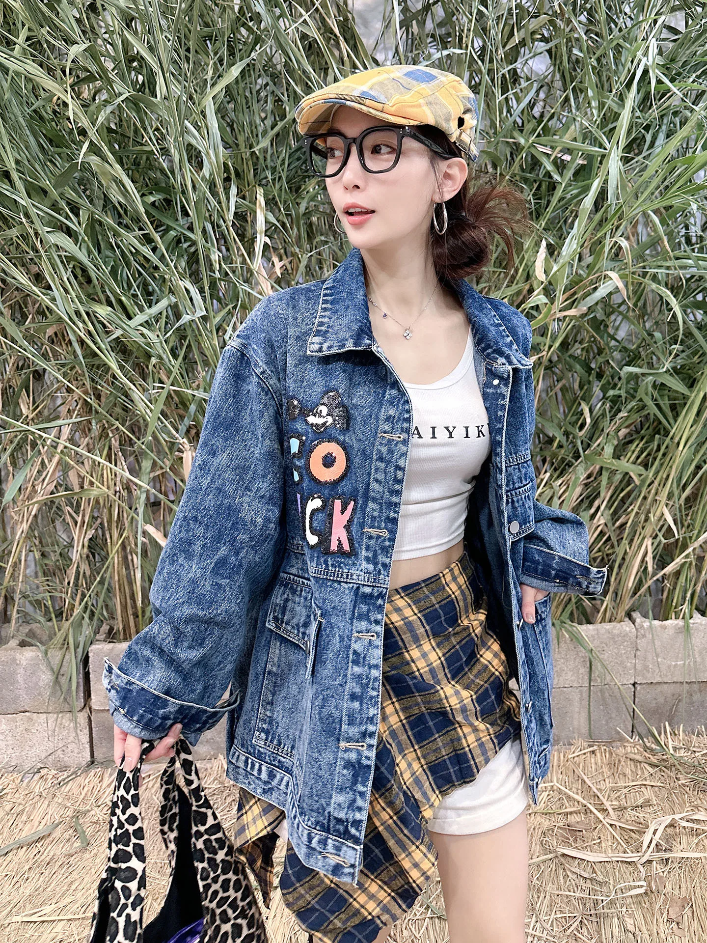 

Retro Hong Kong Sle Denim irt Women's Spring Faion Luxury Casual Cartoon BF Top Breathable Cotton Long Sve Loose Fit