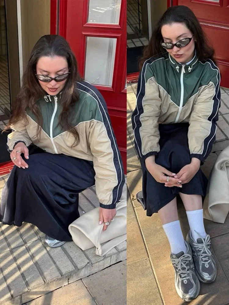 Color Block Coat Woman Tracksuit Two Piece Pants Set Short Jacket Elastic Waist Trousers Drawstring Hem Vintage Sportswear Suit