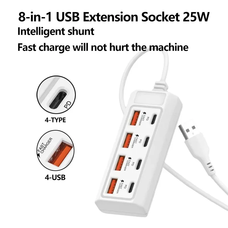 8‑in‑1 USB Extension Socket 25W Fast Charging Power Outlet Adapter USB Splitter Multiport Docking Station Converter