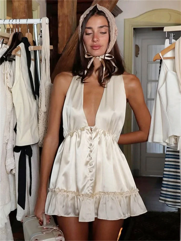 

Tossy Satin Fashion V-Neck Mini Dress Women's Ruffled Backless Summer 2025 Nightwear Party Dress Evening Female Bandage Dress