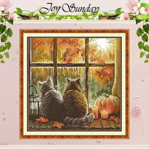 Windowsill 패턴의 고양이 크로스 스티치 세트 DIY 11CT 14CT 16CT 스탬프 DMC 크로스 스티치 키트 자수 바느질 작업