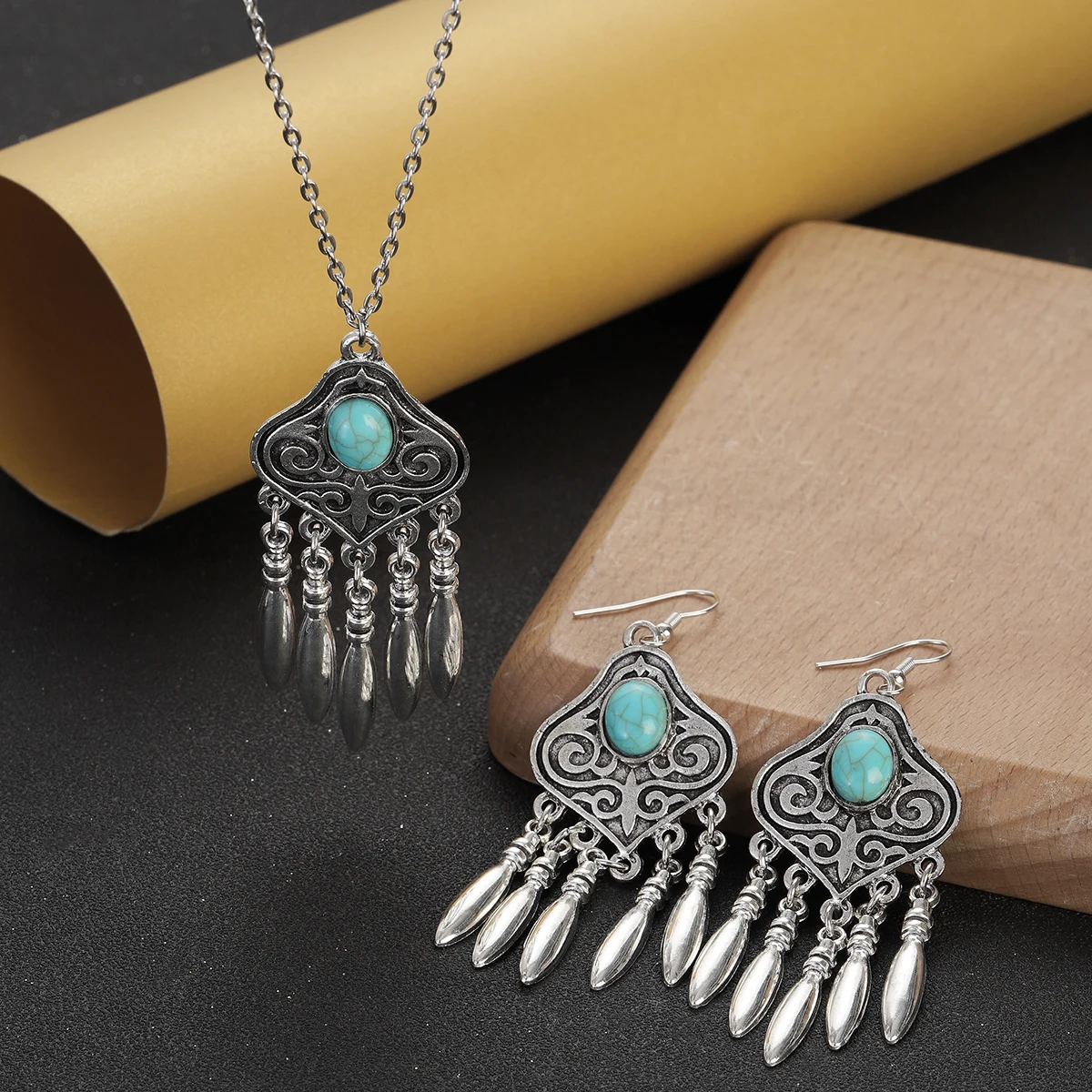 2023 Indian Jewelry Set Ethnic Silver Plated Geometric Carved Tassel Earring Necklace Women\'s Blue Turquoises Chain Jewelry