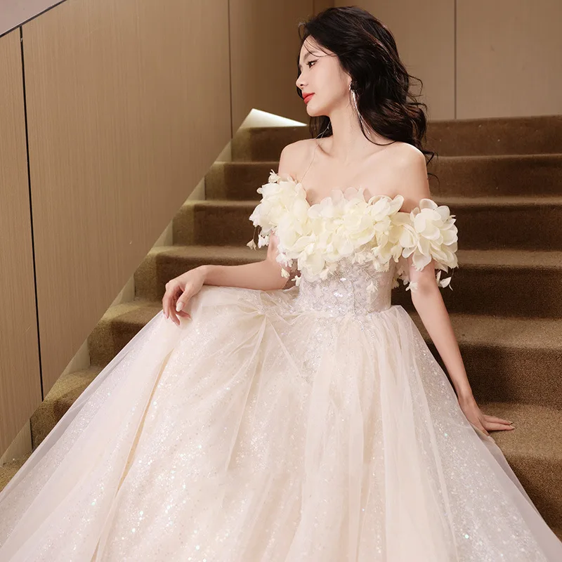 

Luxury Flower Off Shoulder Strapless Prom Dress Women Applique Sequins Slim Fit Long Evening Dress Formal Wedding Banquet Gown