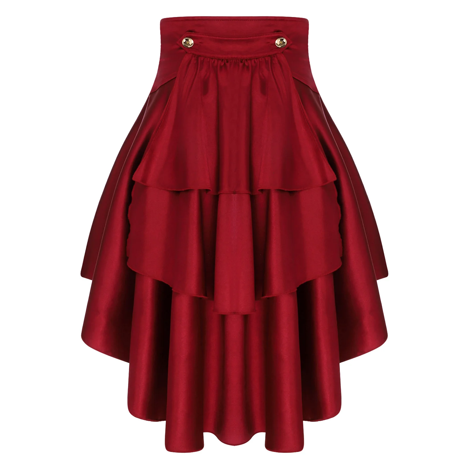 Womens Gothic Steampunk Satiny Pirate Skirt Front Lace-up Tiered Ruffled Irregular Hem Skirt Waist Belt Vintage Medieval Costume