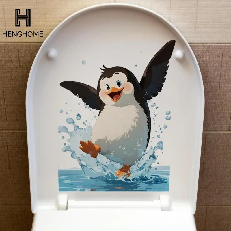 Cute Water Play Penguin Pattern Decorative Toilet Stickers,Suitable For Toilet Lid,Glass,Cabinets,Bathroom And Other Decorative