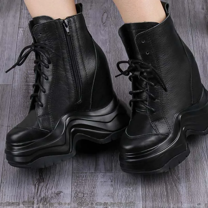 13cm women casual booties height increasing sneakers genuine leather ladies high heels platform wedges pumps black ankle boots