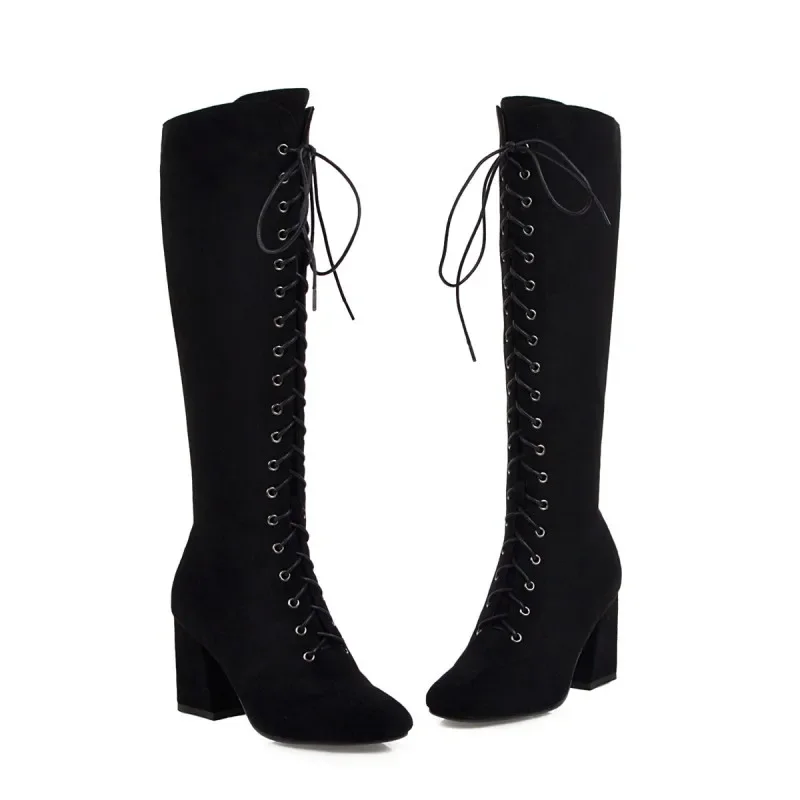 Oversize Large size Big size High quality autumn and winter women\'s shoes Square toes Thick Heel Lace-up cowboy boots