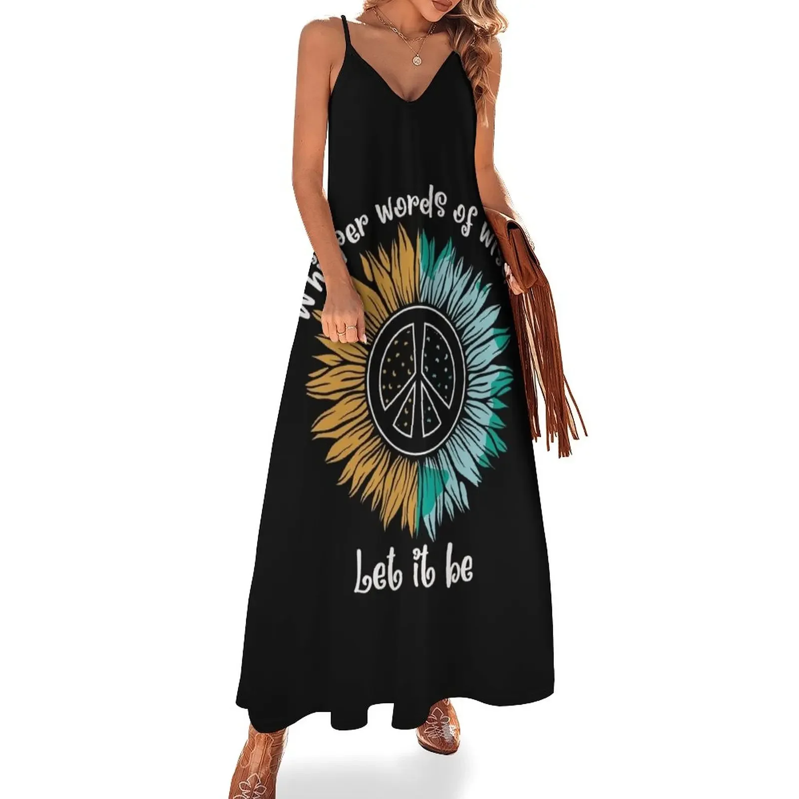 

70s Retro Sunflower and Peace Sign-Let It Be Sleeveless Dress chic and elegant evening dress prom clothes