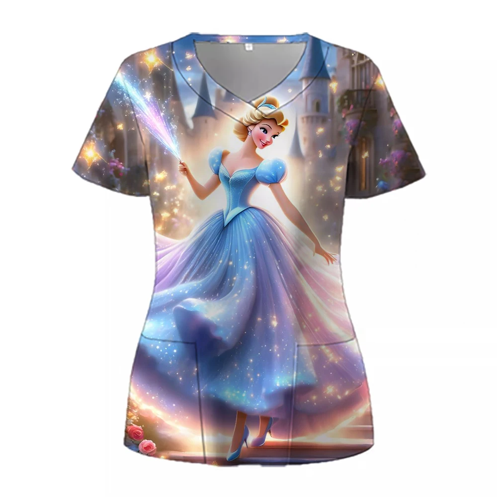 Disney Ariel Elsa Princess Women Short Sleeve V-neck Carer Top Nurse Uniforms Woman Tops Beauty Uniform Cartoon Workwear ﻿