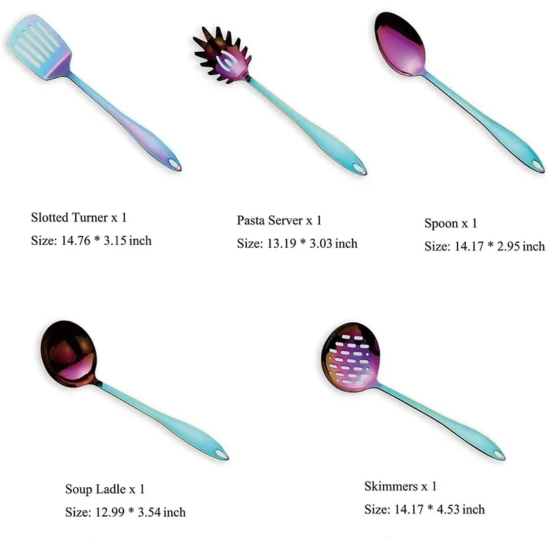 5Pcs Stainless Steel Cooking Tools Set, Nonstick Rainbow Kitchen Utensils - Turner Soup Ladle Strainer Pasta Server Spoon