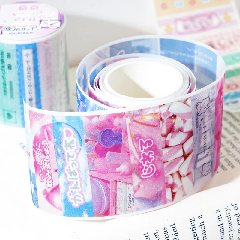 Korean Ins Cute PET Flash Film Decoration Adhesive Tape Planner Handbook DIY Scrapbooking Journal Collage Material Stickers Gift